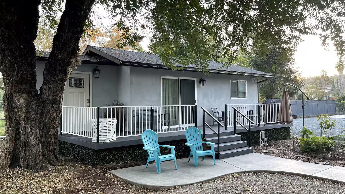 Front exterior of Happy Escape, a private Poway guesthouse with a gated entryway